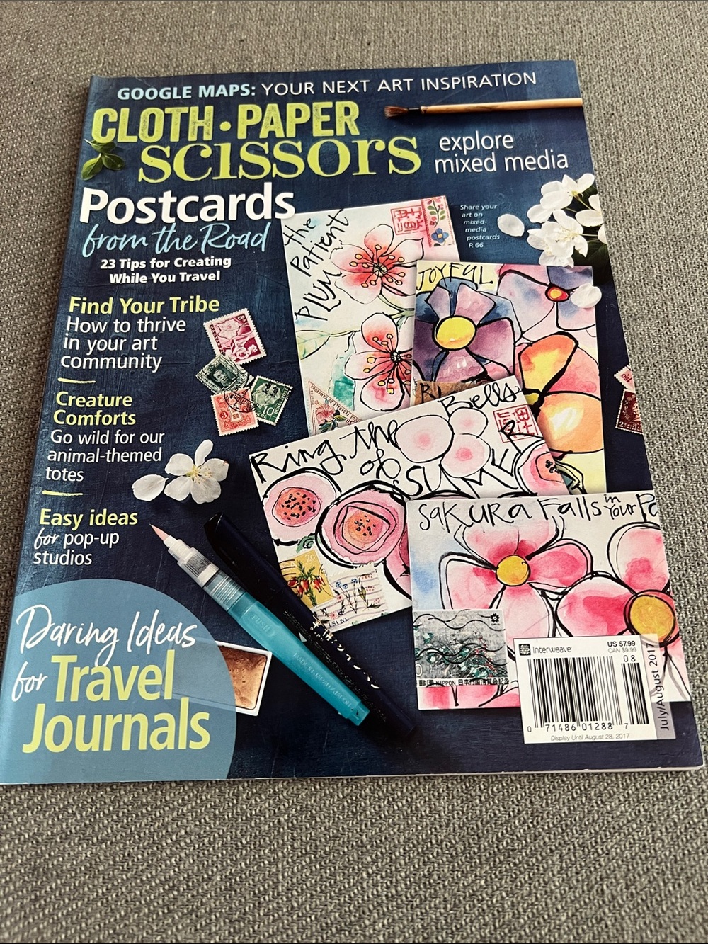 Cloth Paper Scissors Magazine July/August 2017 Mixed Media Postcards Travel